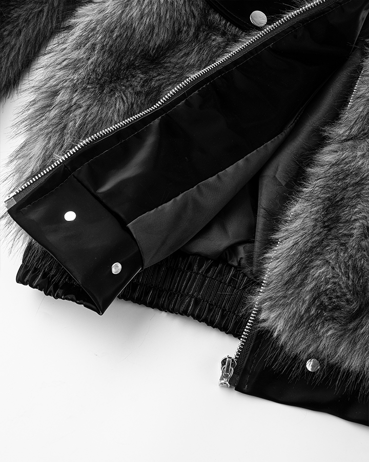 Faux Fur Bomber Jacket with Leather Details
