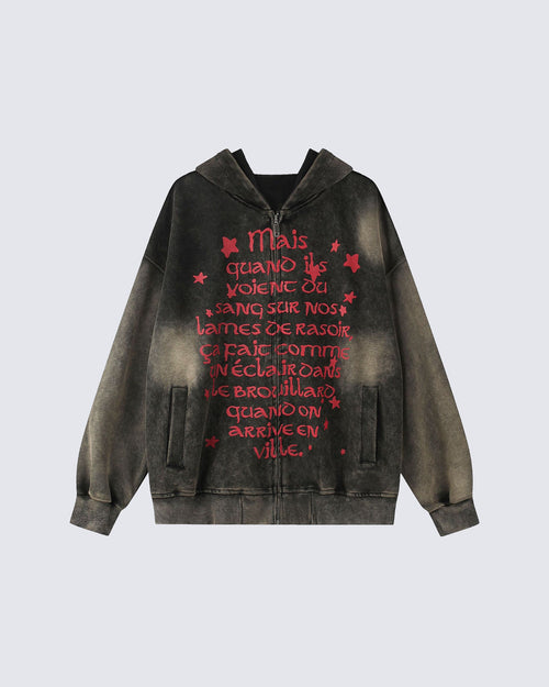 GRYFT Vintage Washed Red Script Zip Hoodie