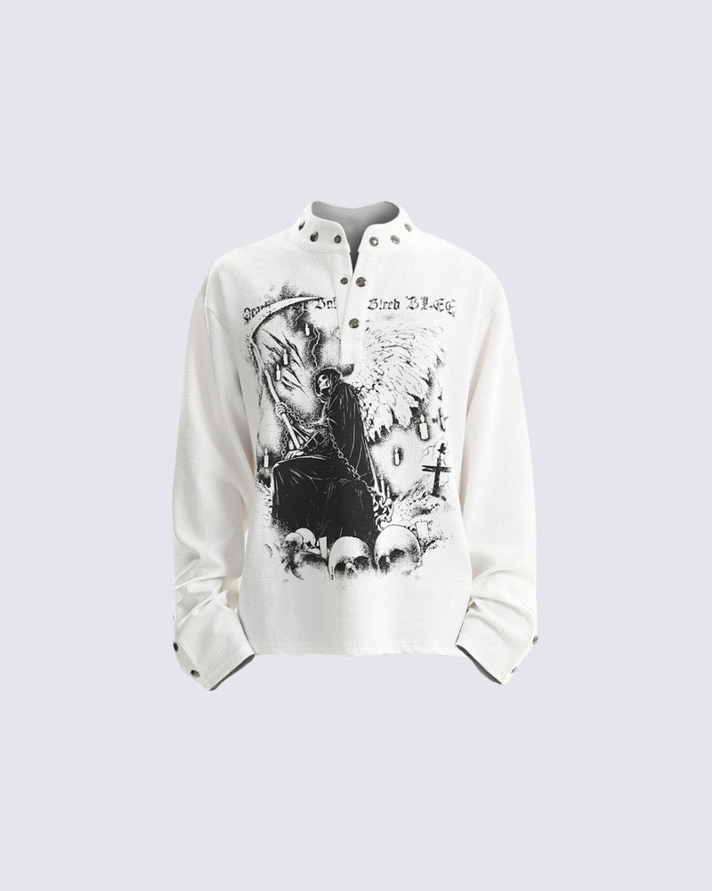 Street Printed Stand Collar Long Sleeve Polo Shirt