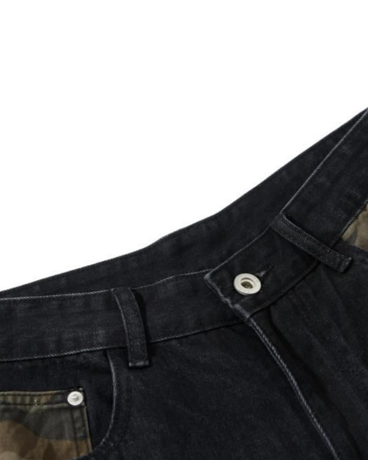 American-Style Ripped Camouflage Faux Two-Piece Denim Capri Pants