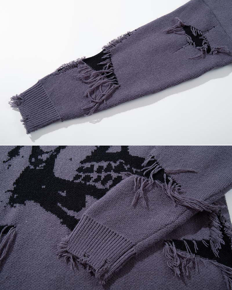 American Retro Skull Jacquard Raw-Edge Long-Sleeve Sweater