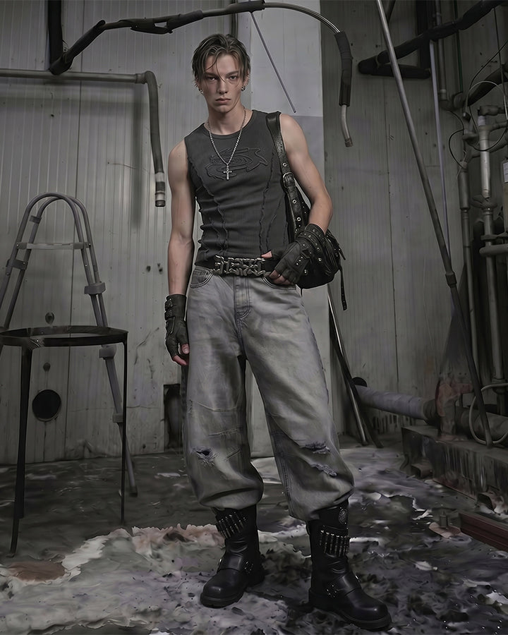 Dark Washed Distressed Sleeveless Ribbed Tank Top
