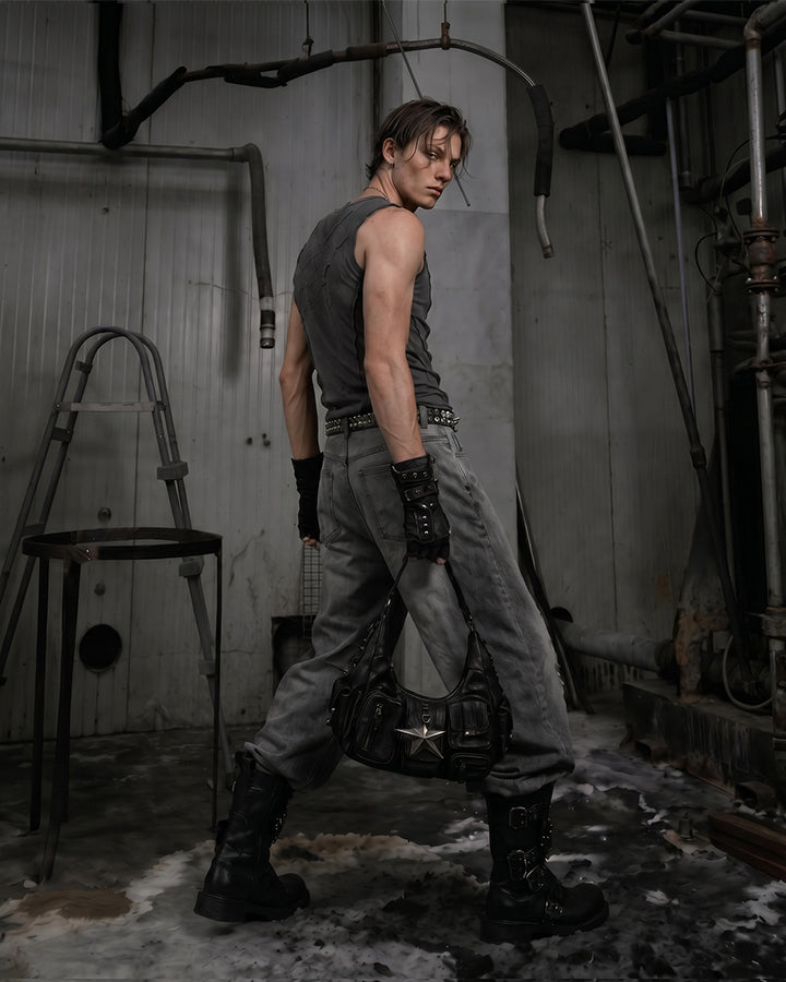 Dark Washed Distressed Sleeveless Ribbed Tank Top