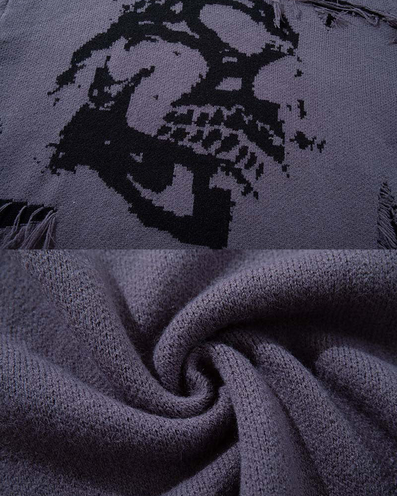 American Retro Skull Jacquard Raw-Edge Long-Sleeve Sweater