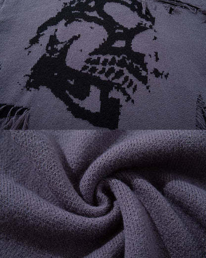 American Retro Skull Jacquard Raw-Edge Long-Sleeve Sweater