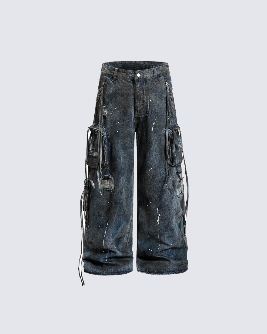 Paint Splatter Cargo Wide Leg Denim Pants