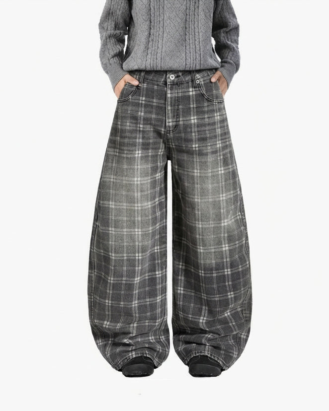 Retro Plaid Wide-Leg Casual Pants