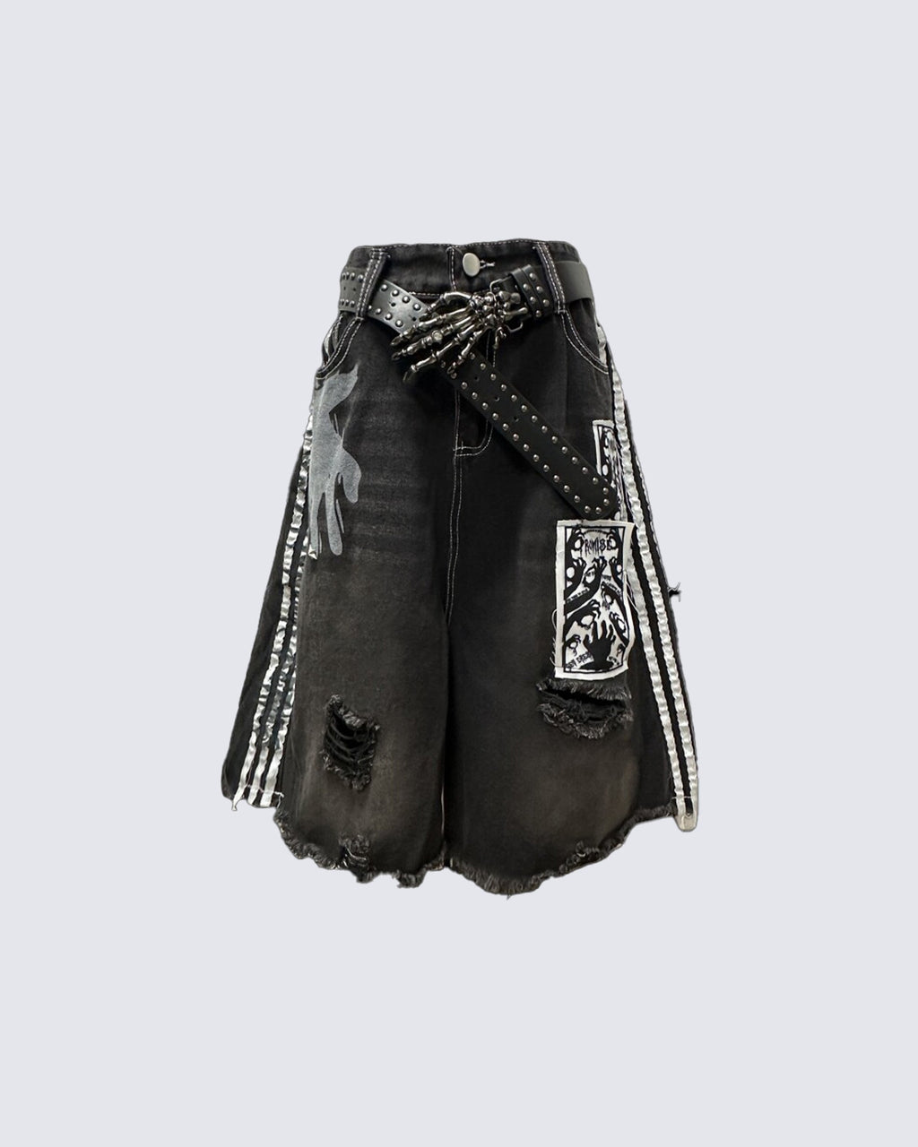Distressed Gothic Graphic Denim Shorts（ Belt included )