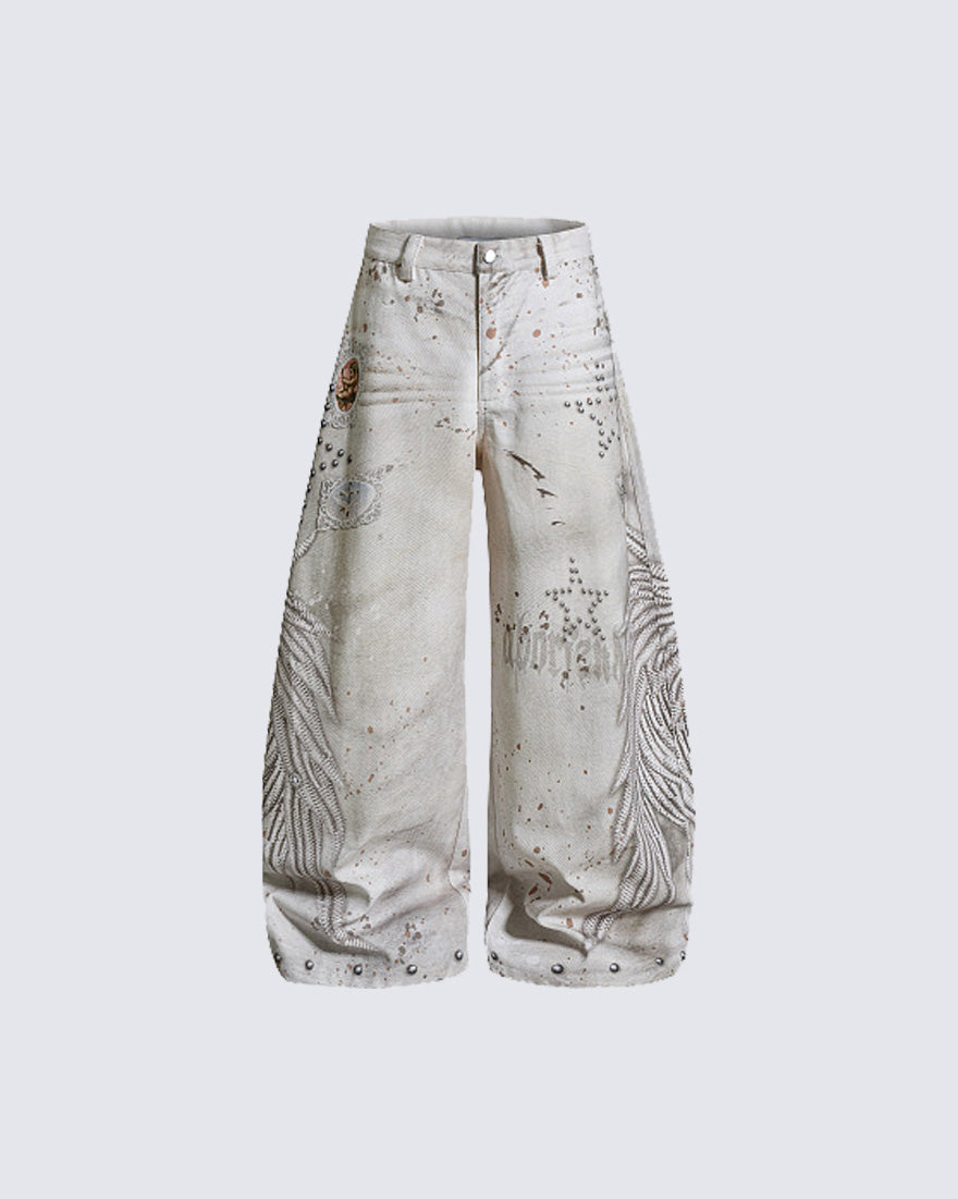 Vintage Studded Embroidered Wide-Leg Jeans