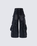 New Dark Washed Utility Strap Wide Leg Jeans