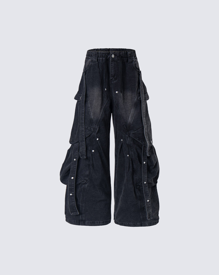 New Dark Washed Utility Strap Wide Leg Jeans
