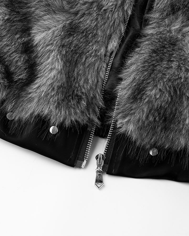 Faux Fur Bomber Jacket with Leather Details