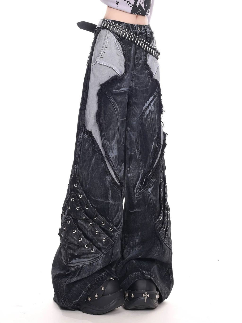 Vintage Washed Patchwork Lace-Up Wide Jeans