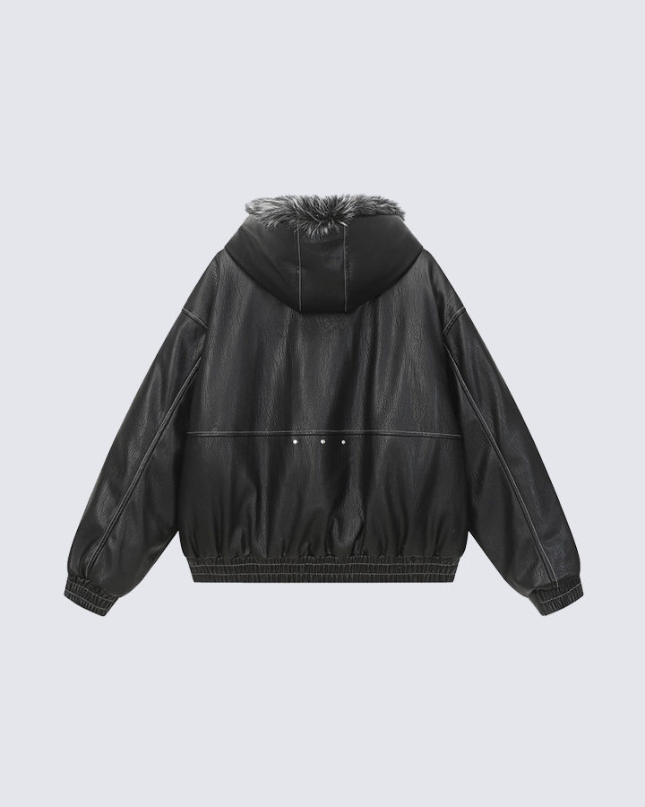 Faux Leather Hooded Jacket with Fur Trim