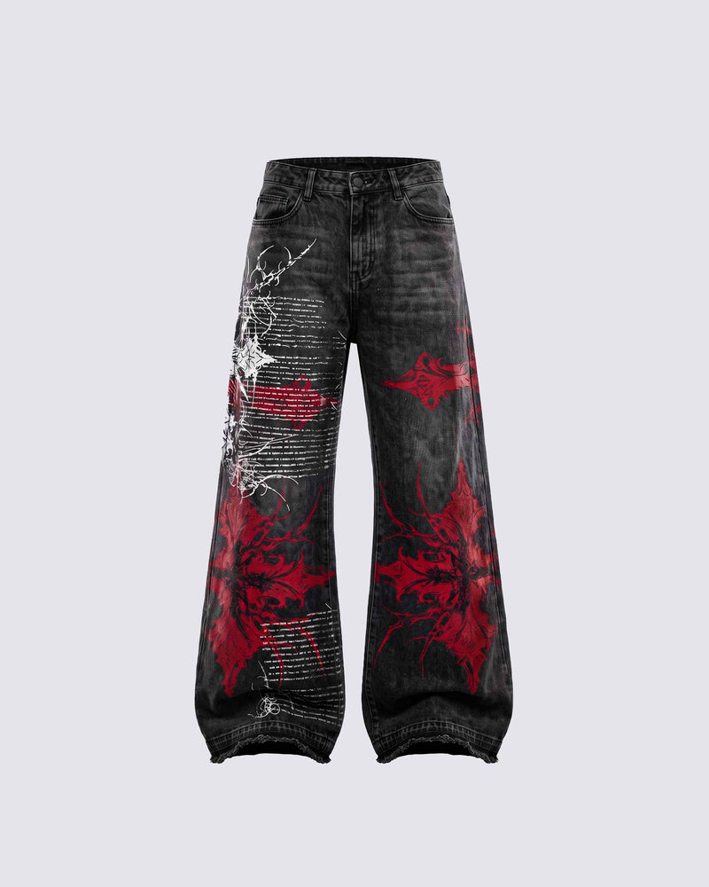 GRYFT SYMBIOTE Gothic Graphic Washed Wide-Leg Jeans