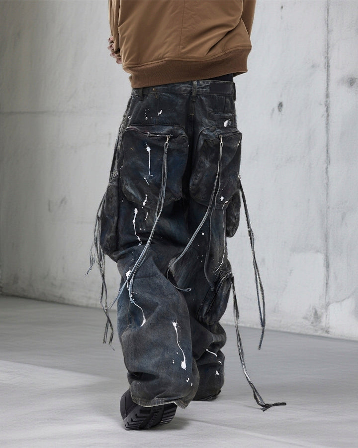Paint Splatter Cargo Wide Leg Denim Pants
