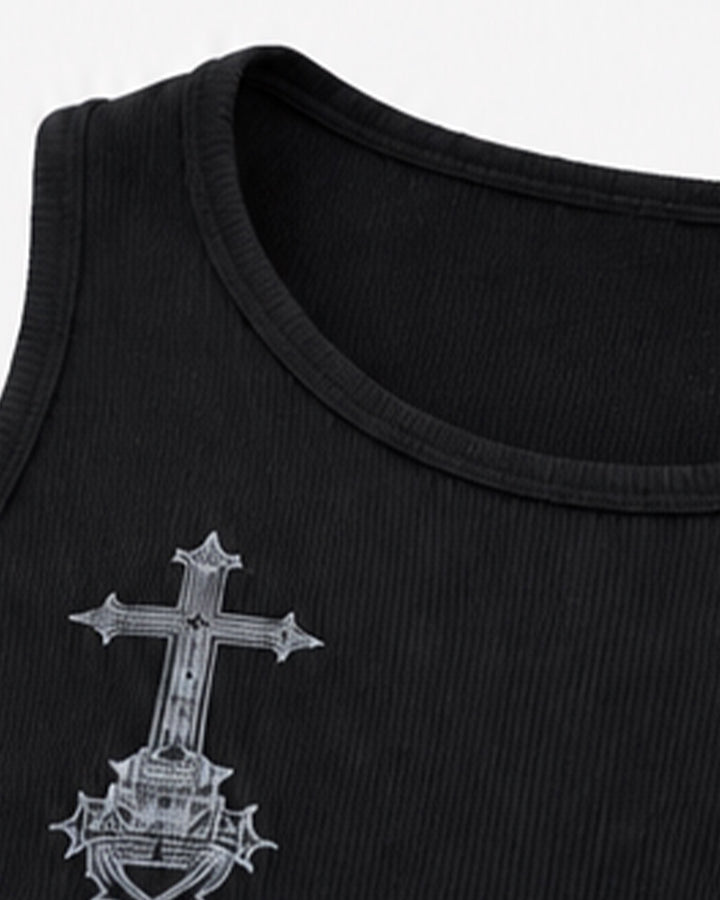 GRYFT Gothic Cross Embroidered Slim Fit Ribbed Tank Top