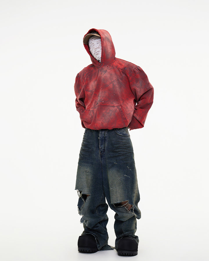 Grunge Distressed Raw Hem Wide Denim Pants New