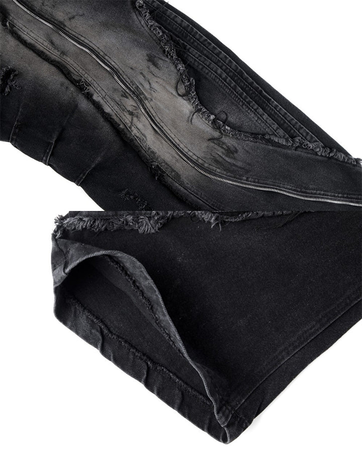 Dark Wavy Zipper Deconstructed Wide Denim Pants New