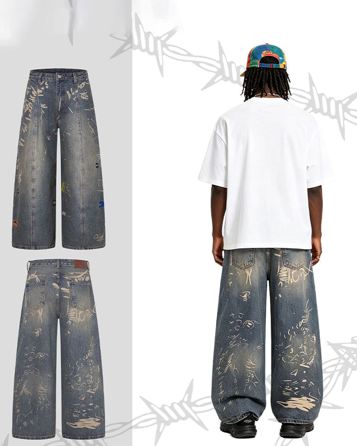 Vintage Graffiti Print Wide Leg Denim Pants New