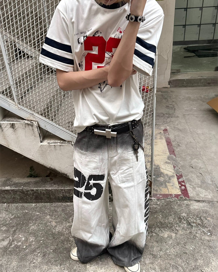 Gradient Number Graphic Wide Leg Denim Pants