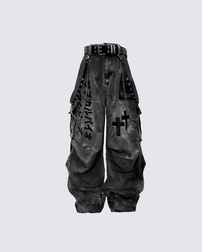 Dark Graffiti Patchwork Cargo Jeans（Free Belt and Chain Included）