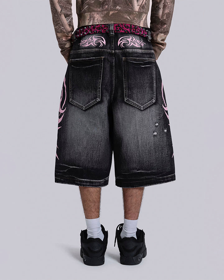 Distressed New Tribal Print Denim Shorts