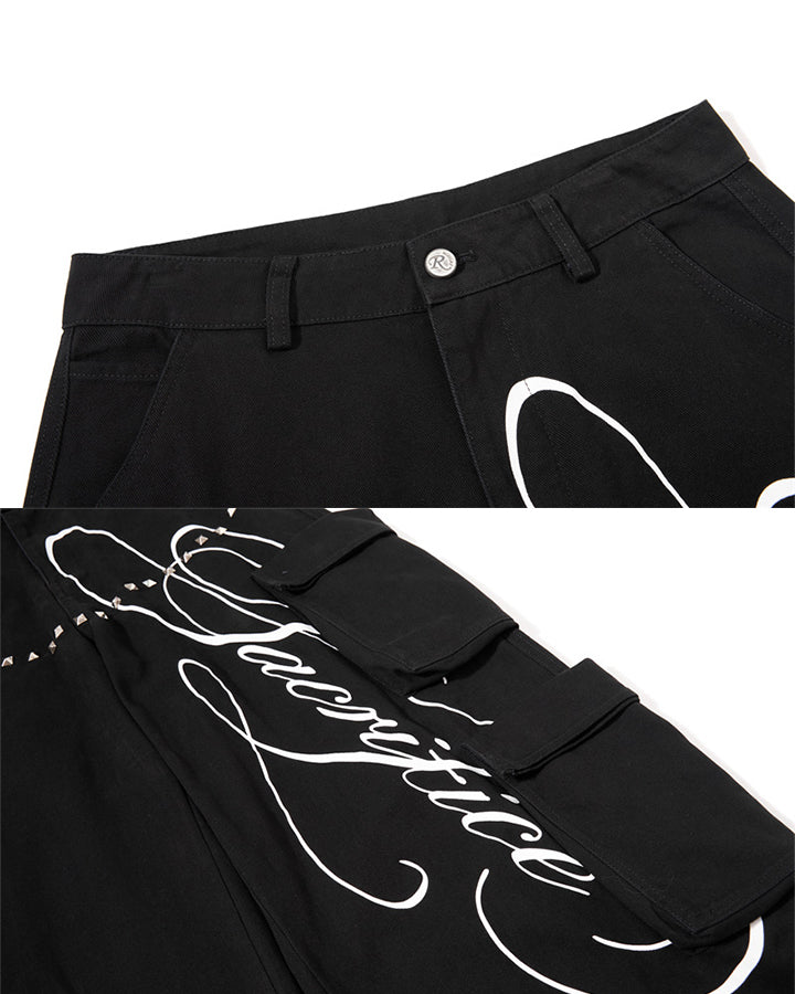 GRYFT Street Studded Graphic Multi-Pocket Wide-Leg Pants