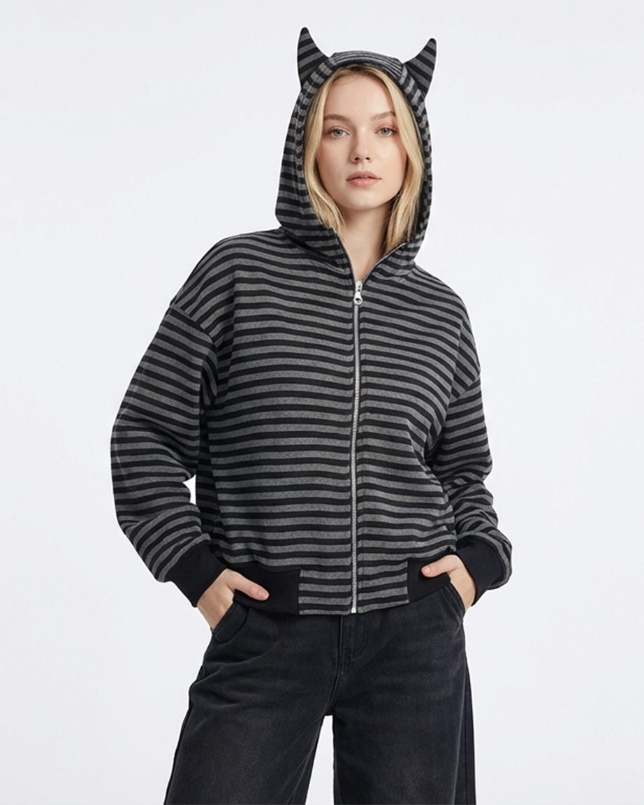 Devil-Horn Striped Hooded Jacket