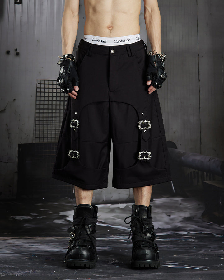 Dark Avant Garde Deconstructed Metal Buckle Suit Shorts