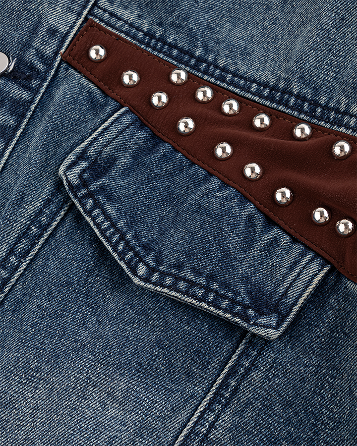 Leather Patch Studded Denim Vest