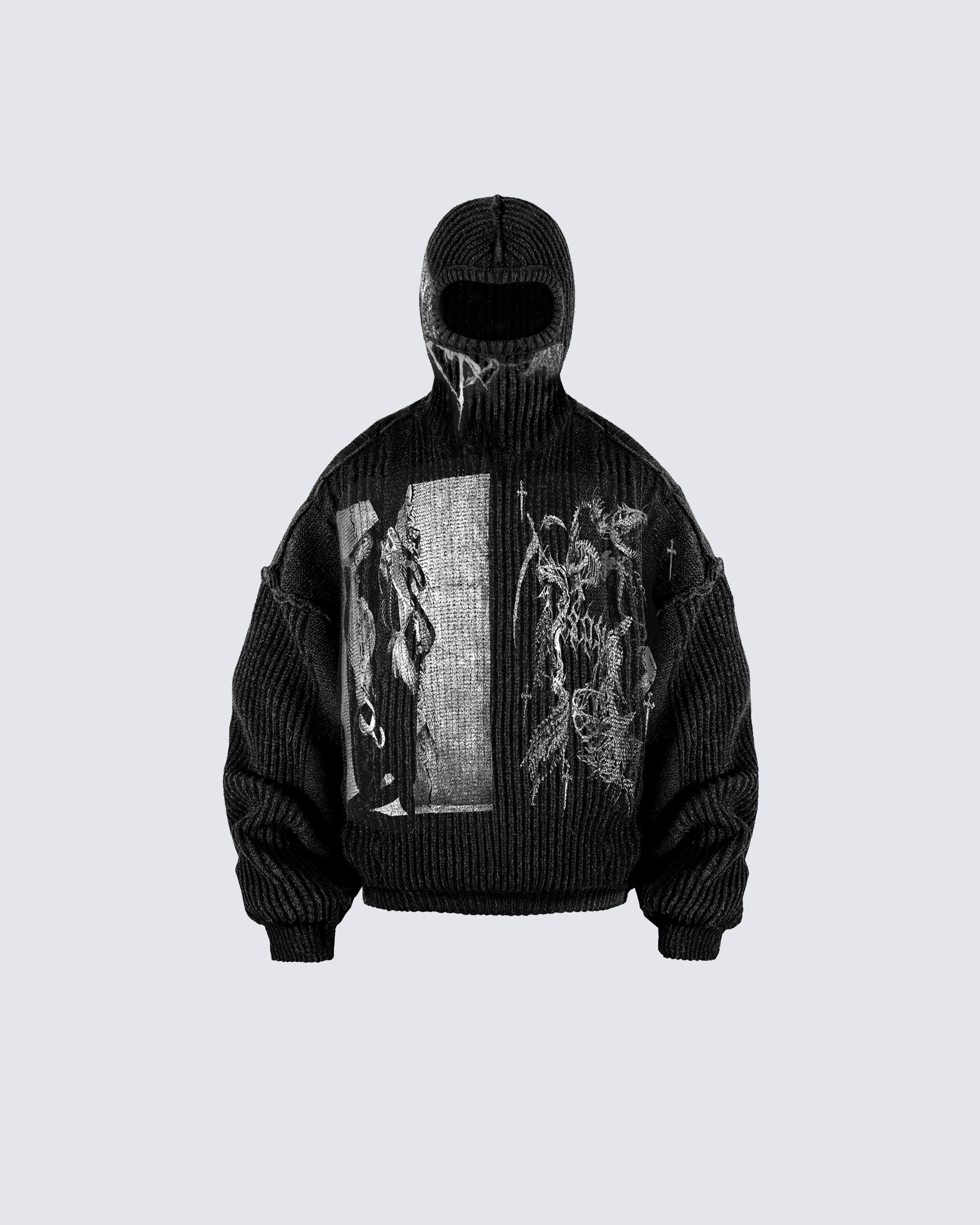Punk Graphic Distressed Knit Hoodie