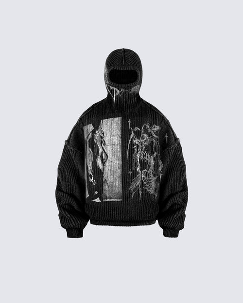 Punk Graphic Distressed Knit Hoodie