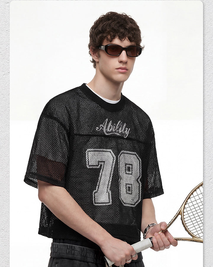 Black Mesh Number Print V-Neck T-Shirt