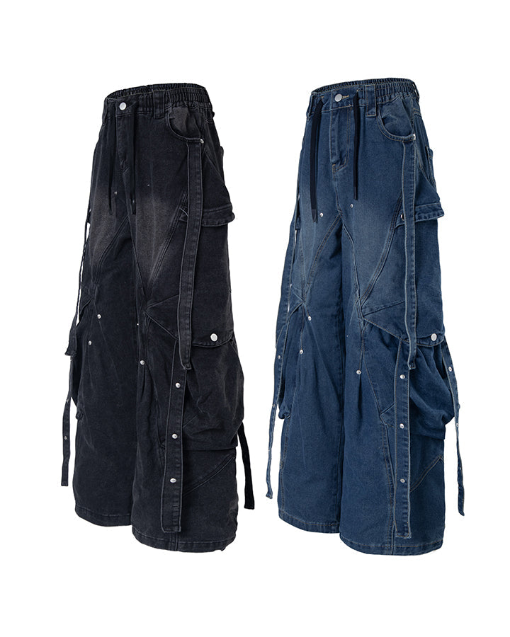 New Dark Washed Utility Strap Wide Leg Jeans