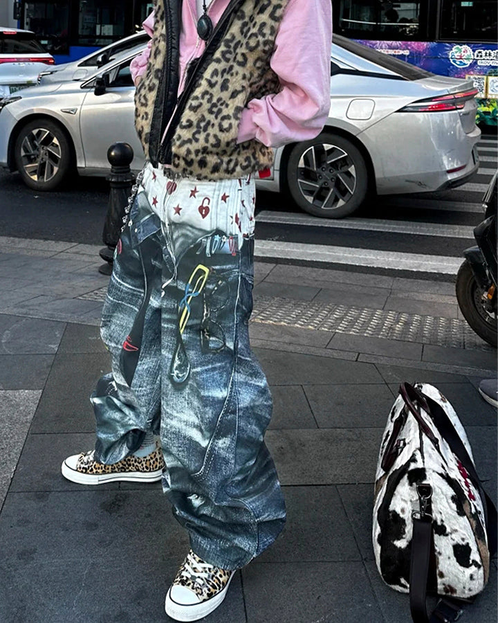 Print Denim Illusion Wide-Leg Pants