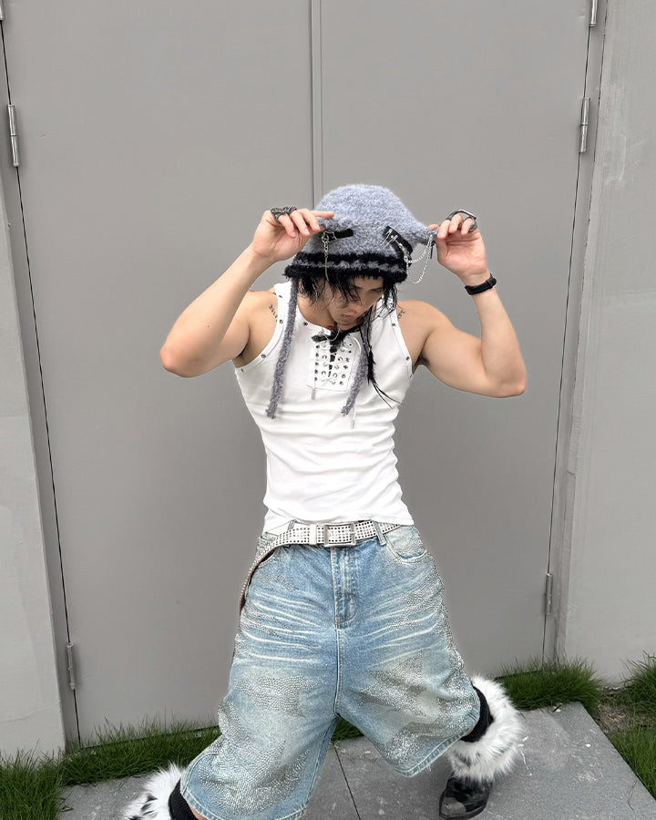 American Punk Lace-Up Rivet Tank Top New