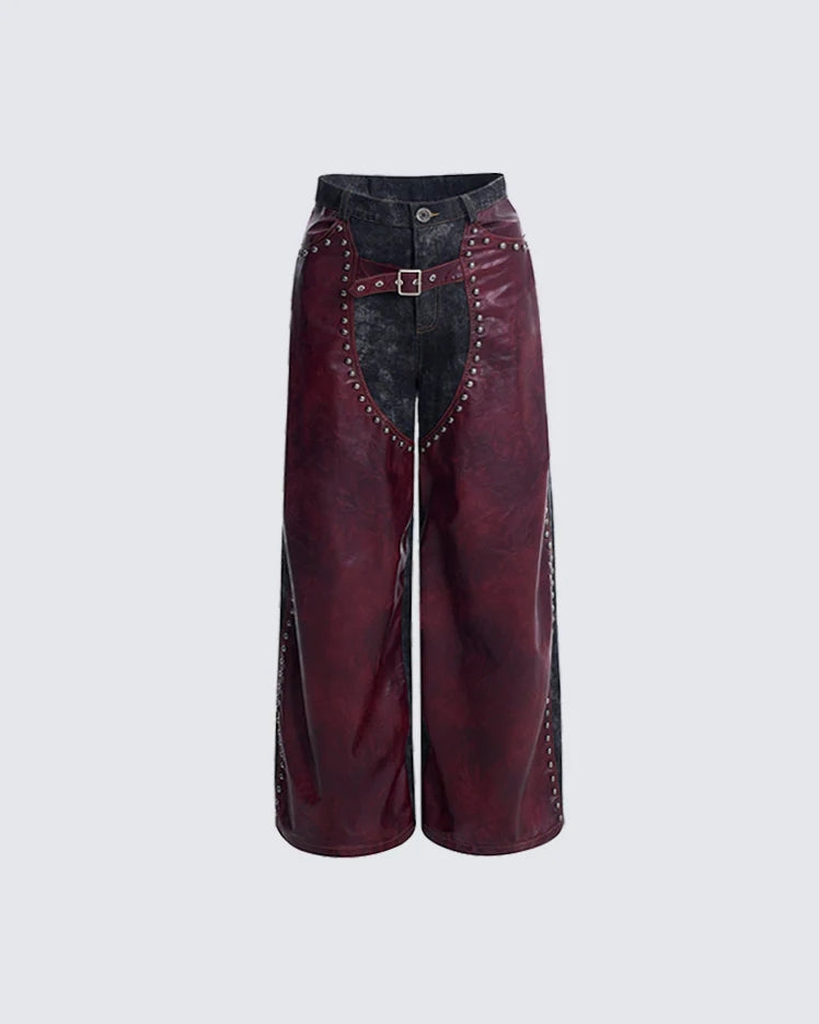Burgundy and Black Studded Leather Pants