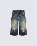 Vintage Distressed Washed Denim Cropped Shorts