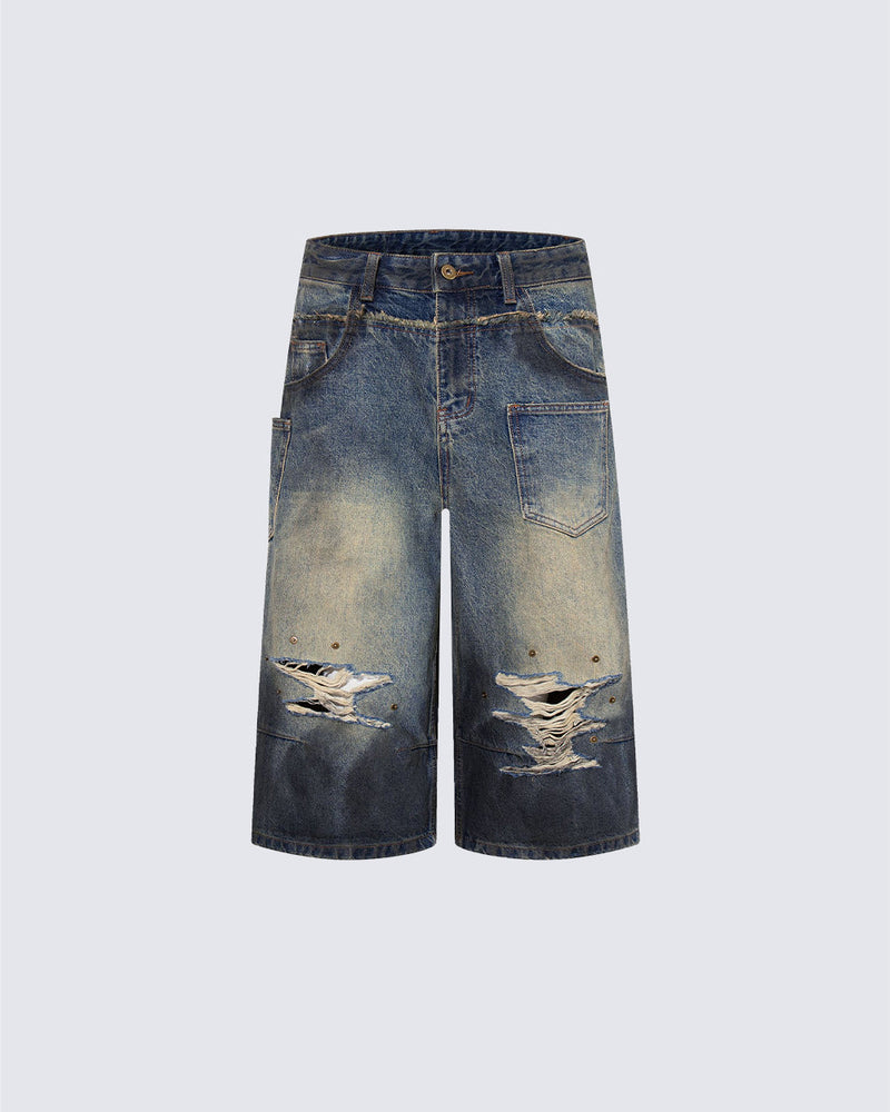 Vintage Distressed Washed Denim Cropped Shorts