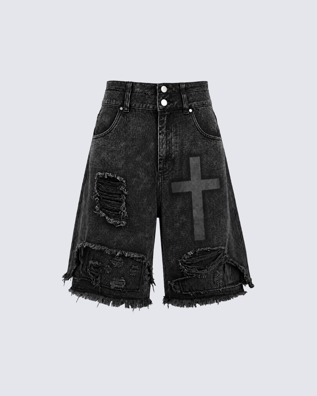 GRYFT Distressed Cross Graphic Denim Shorts