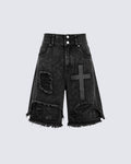 GRYFT Distressed Cross Graphic Denim Shorts
