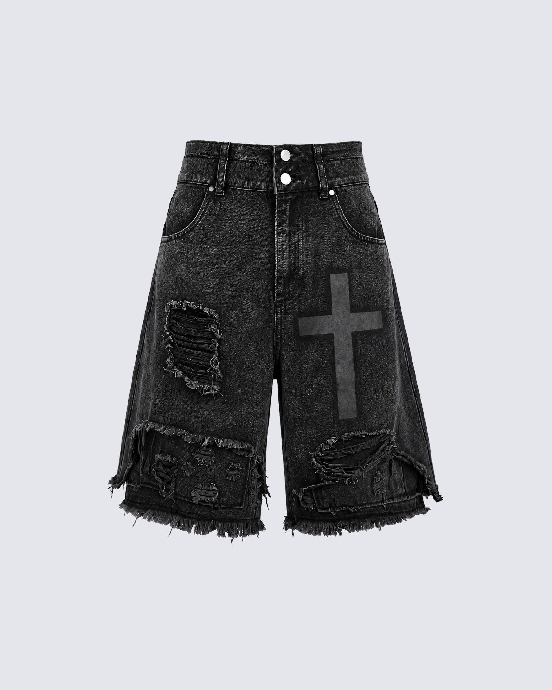 GRYFT Distressed Cross Graphic Denim Shorts