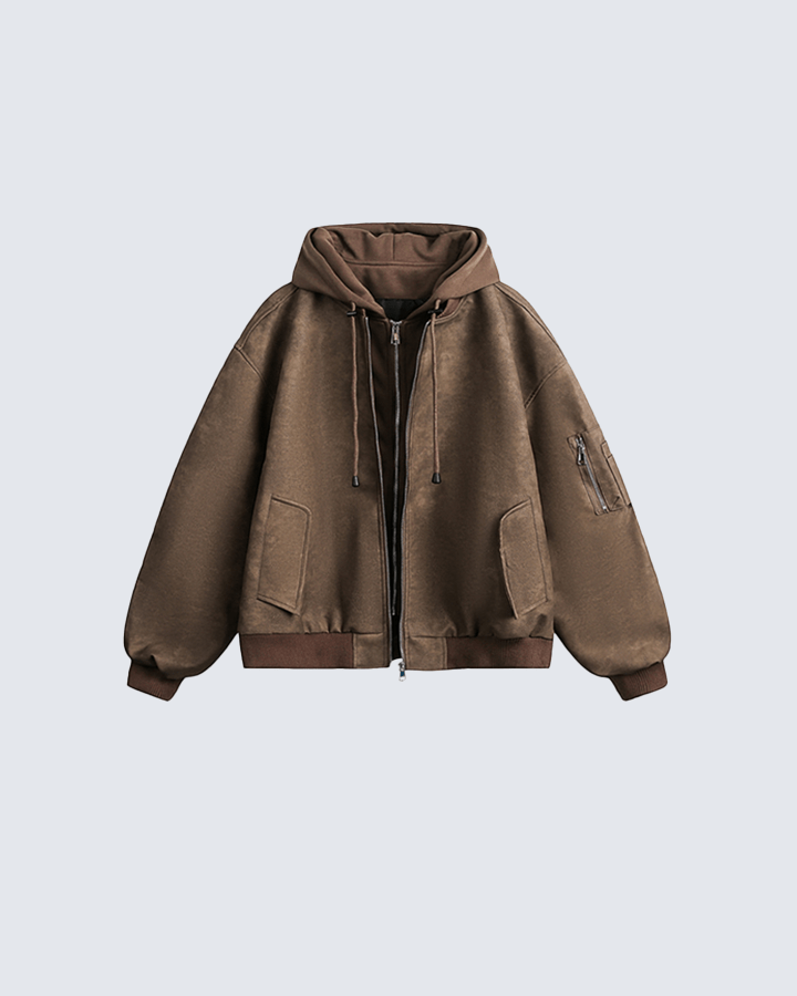 Black Leather Bomber Hoodie Jacket