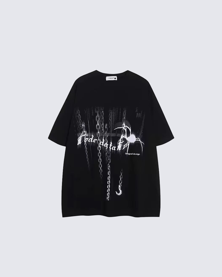 Gothic Chain Print Oversized Black T-Shirt