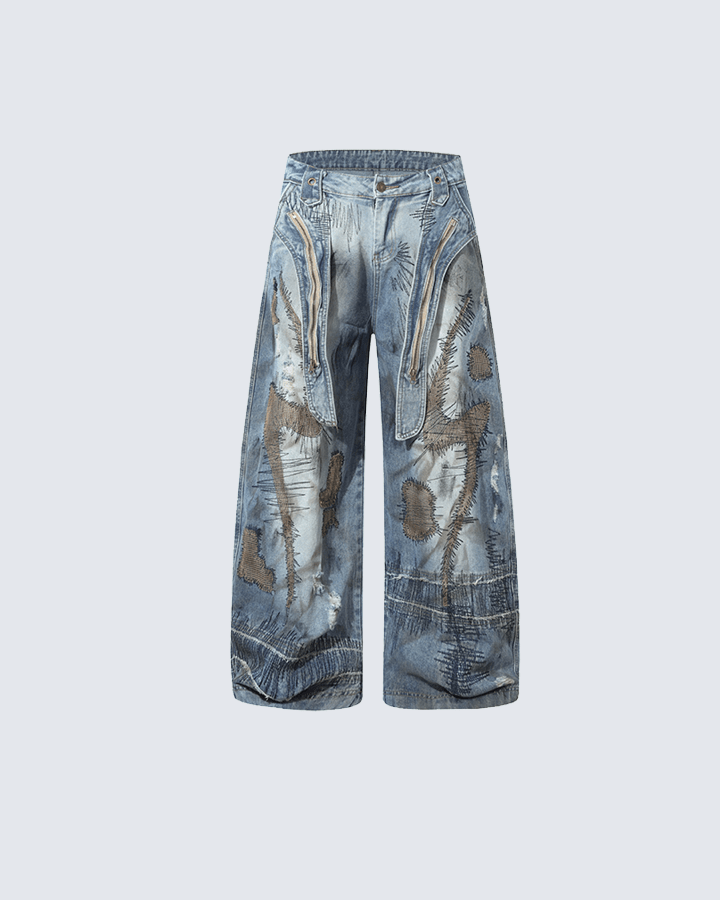 Heavy Stitch Patchwork Wide-Leg Jeans