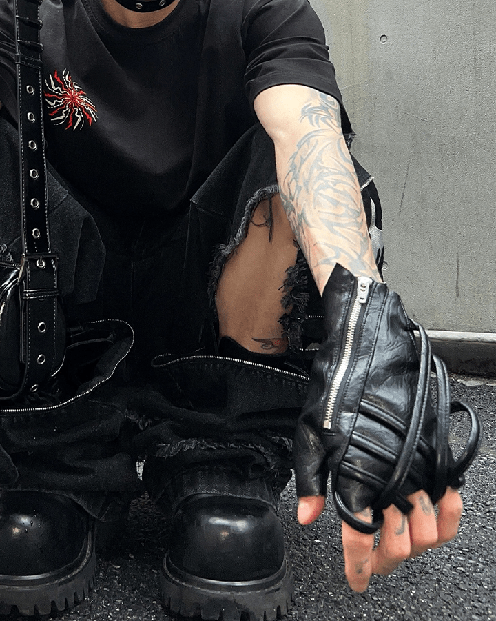 Gothic Punk Lace-Up Fingerless Faux Leather Gloves