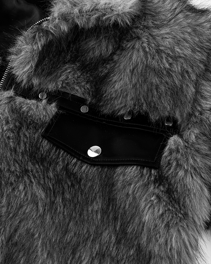Faux Fur Bomber Jacket with Leather Details