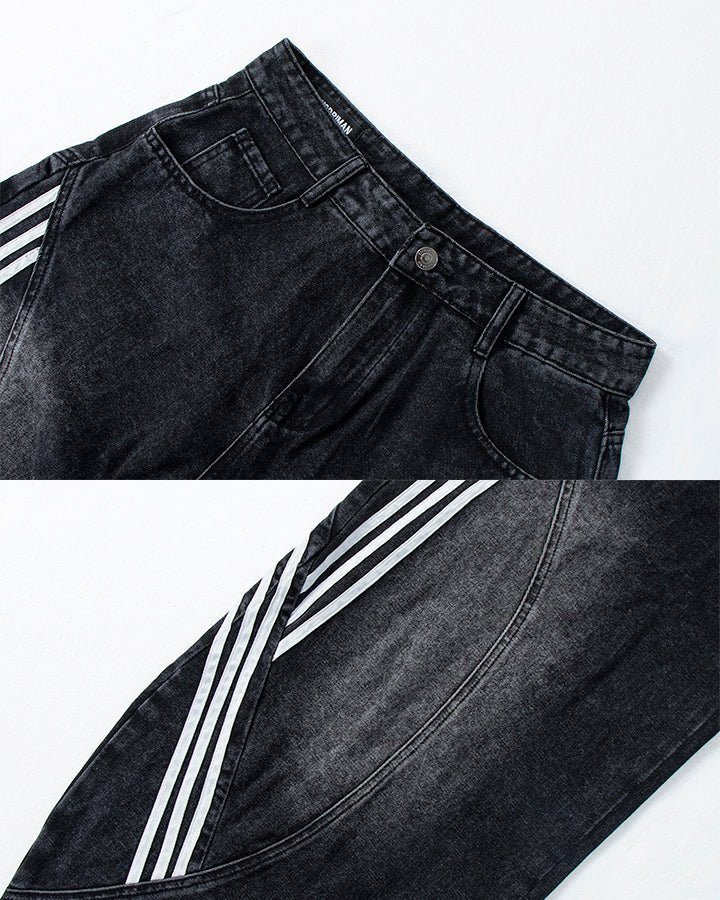 Striped Panel Washed Denim Pants