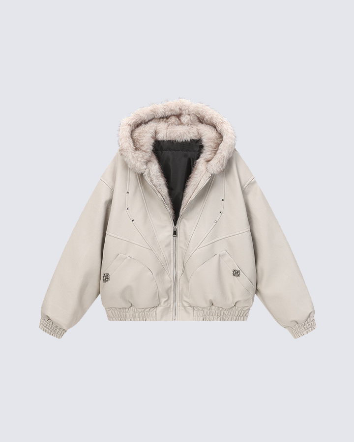 Faux Leather Hooded Jacket with Fur Trim